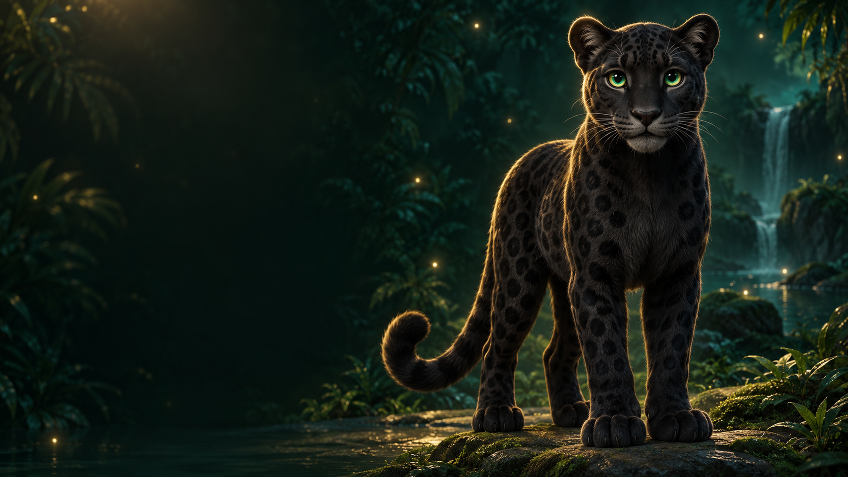 Kaymosa's guardian black leopard standing calmly on a mossy rock in a moonlit jungle